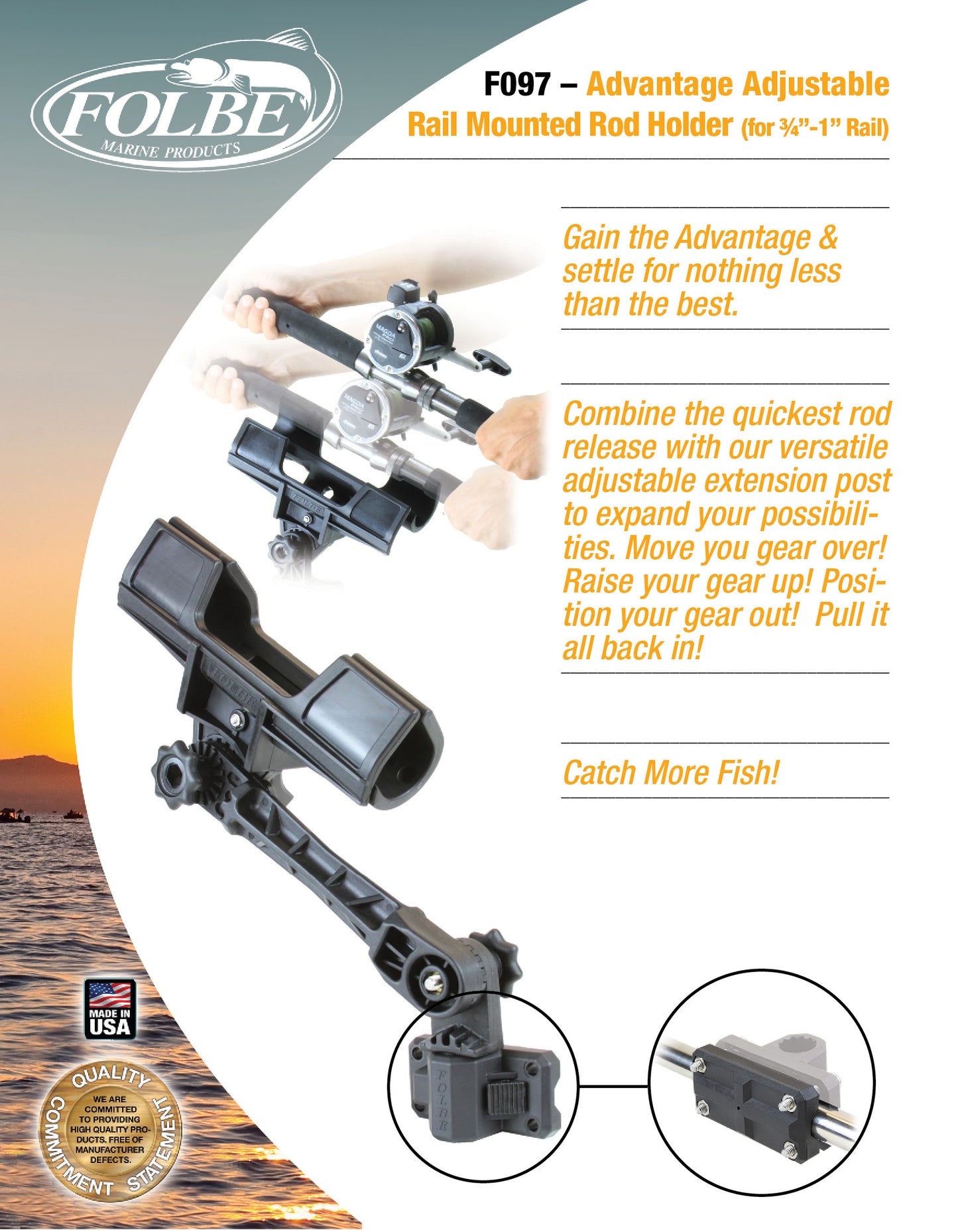 F097 - Advantage Adjustable Extended Rail Mounted Rod Holder (Fits 3/4" - 1" Rails)