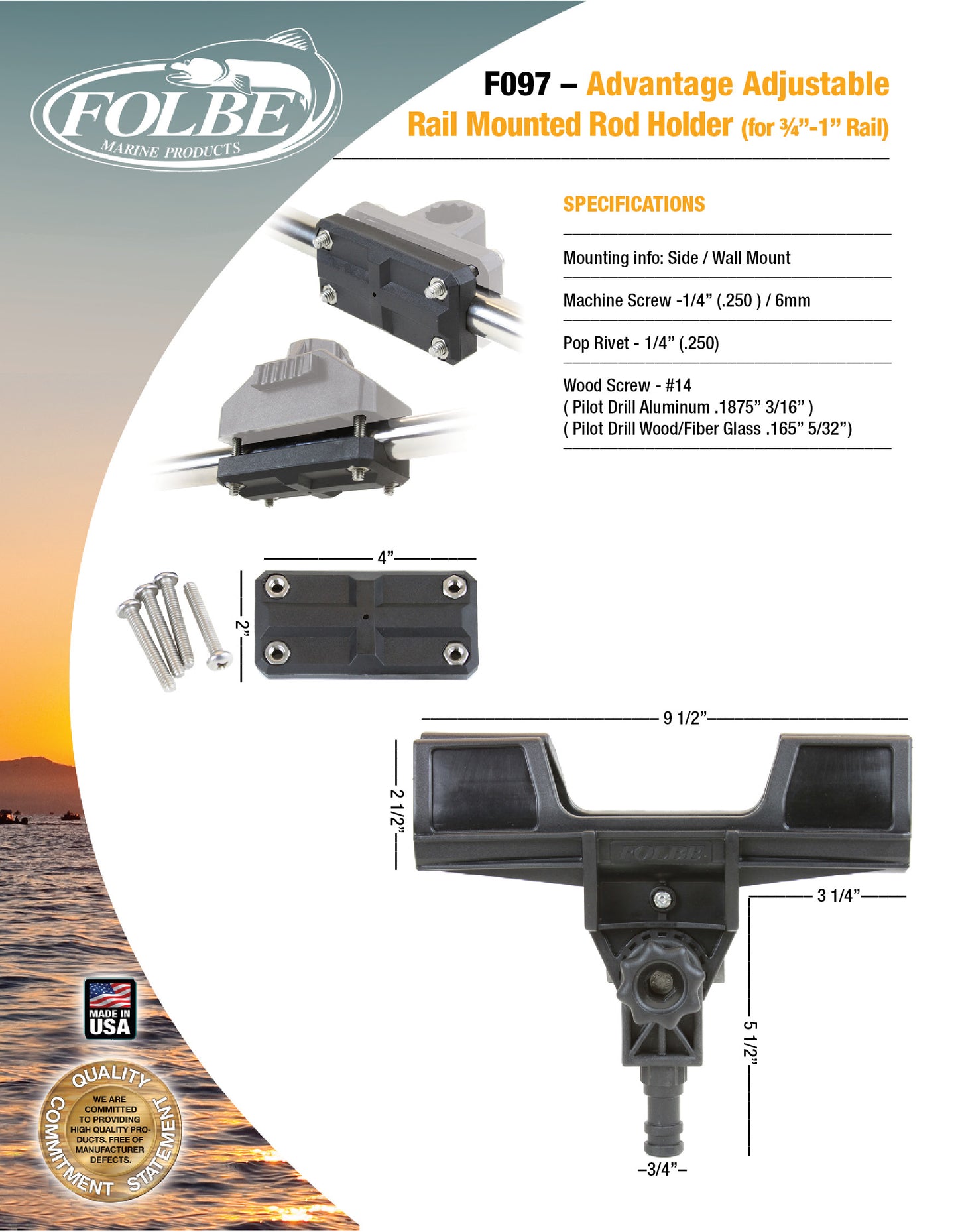 F097 - Advantage Adjustable Extended Rail Mounted Rod Holder (Fits 3/4" - 1" Rails)