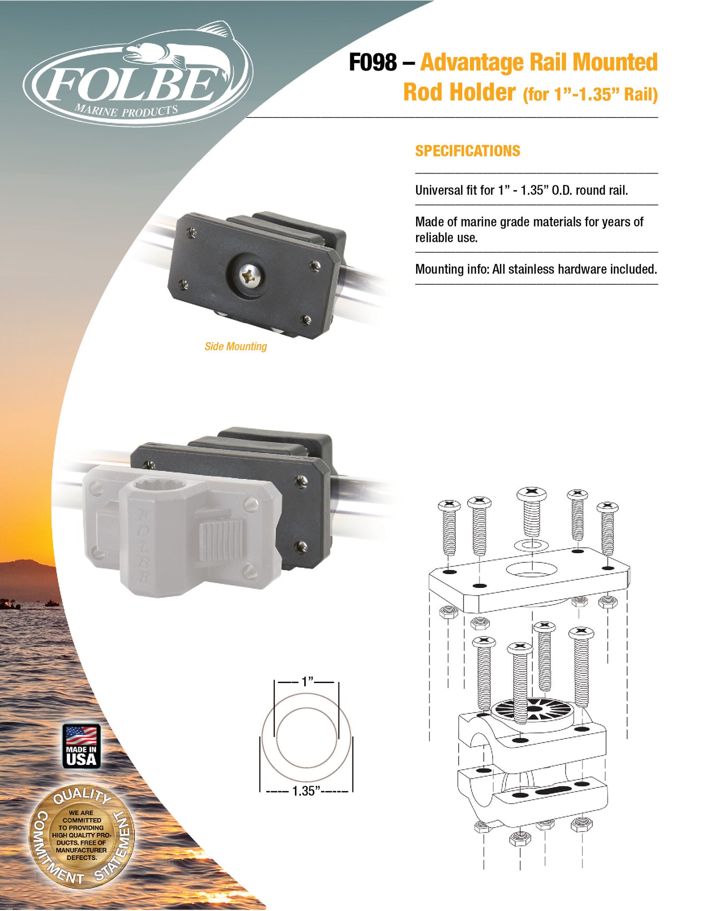 F098 - Advantage Rail Mounted Rod Holder (Fits 1.040"-1.35" Round Rails)