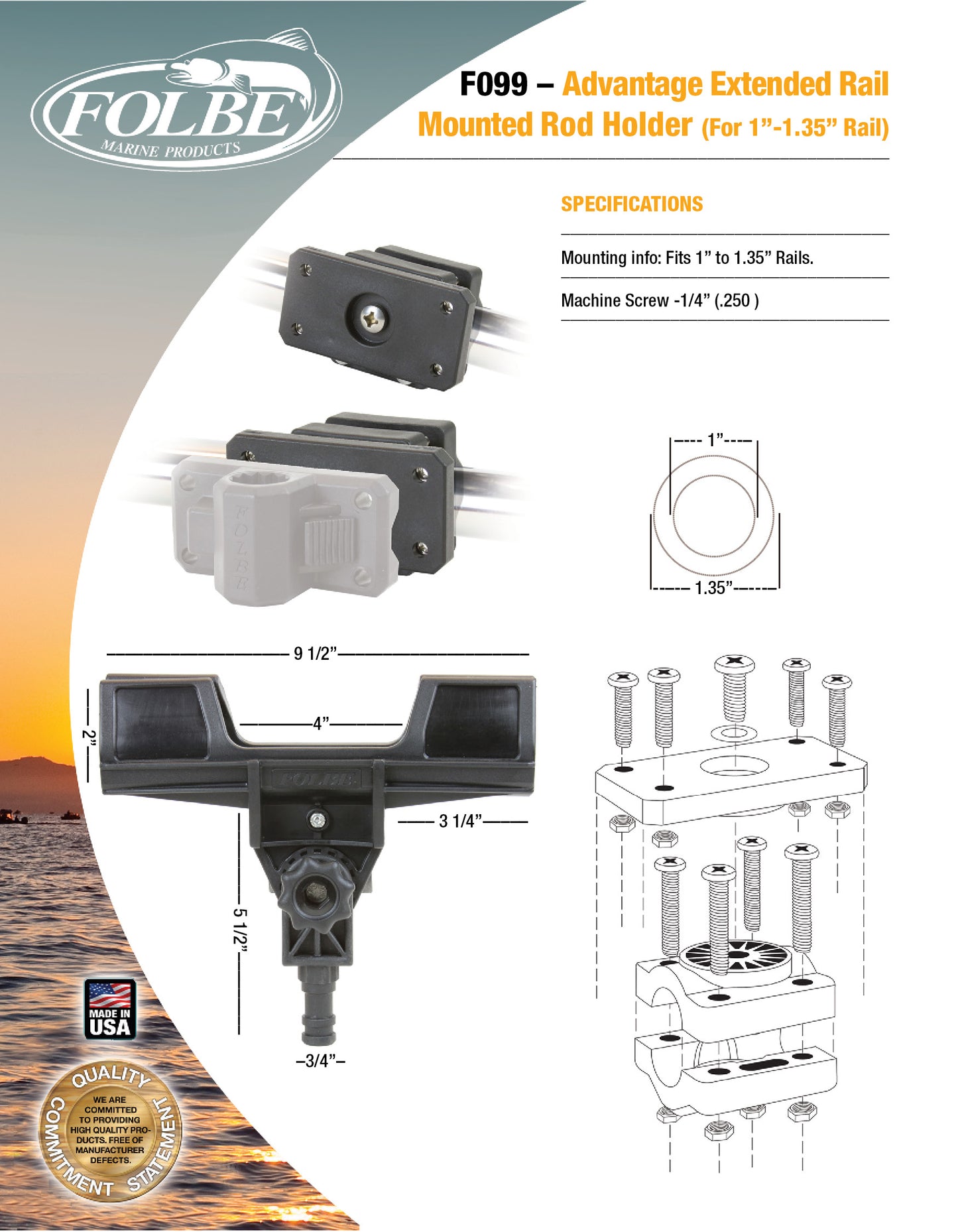 F099 - Advantage Extended Rail Mounted Rod Holder (Fits 1.040"-1.35" Round Rails)