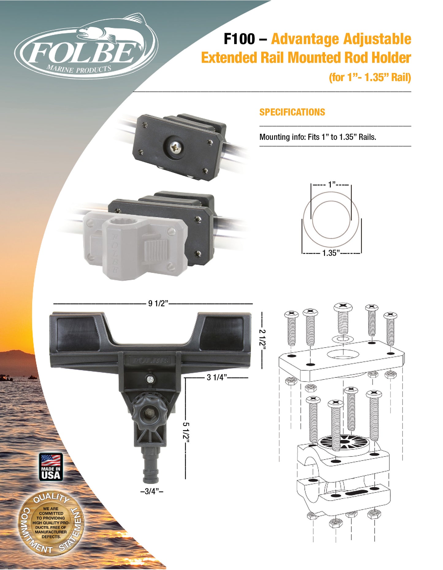 F100 - Advantage Adjustable Extended Rail Mounted Rod Holder (Fits 1.040"-1.35" Round Rails)