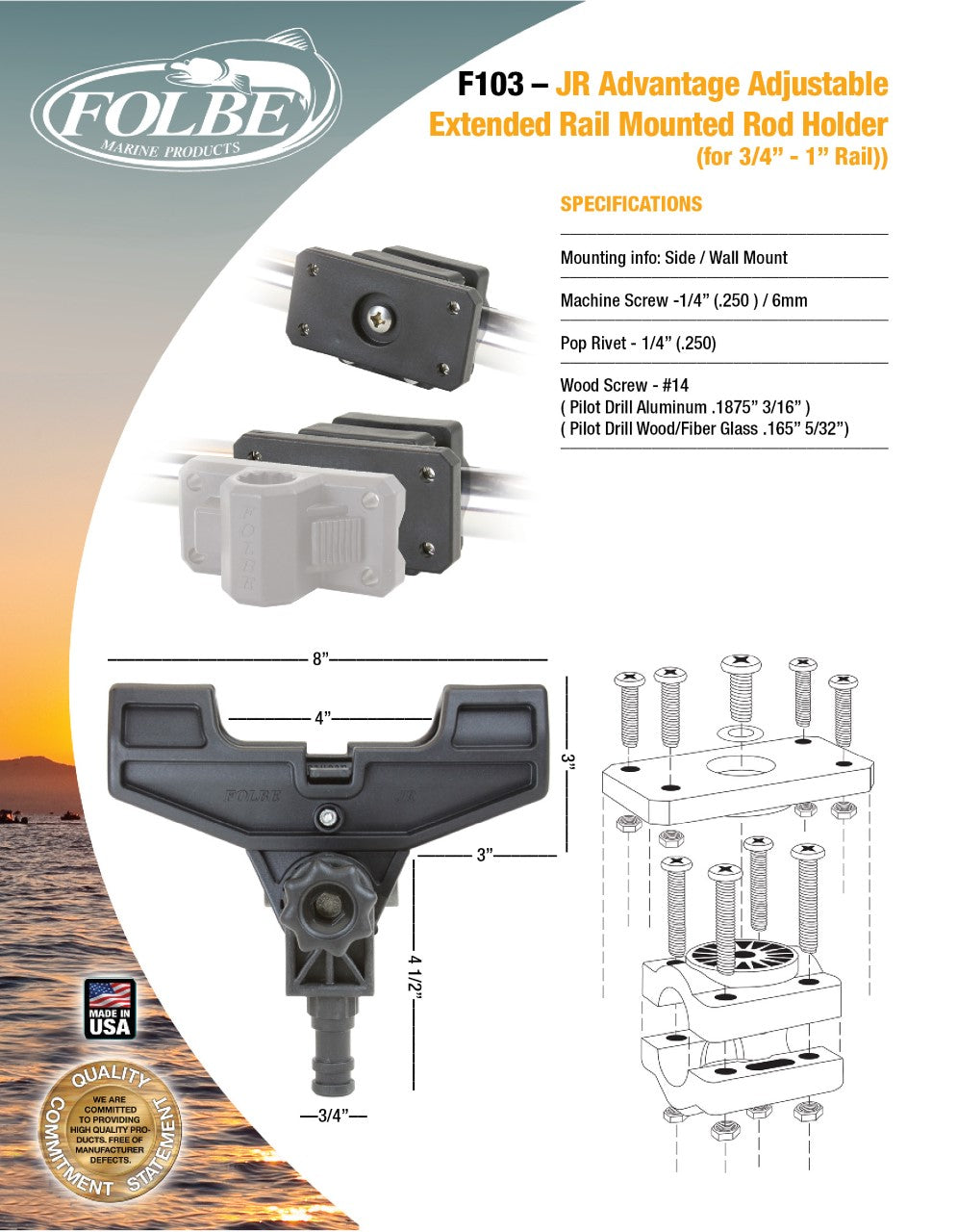 F103 - JR Advantage Adjustable Extended Rail Mounted Rod Holder (Fits 3/4"-1