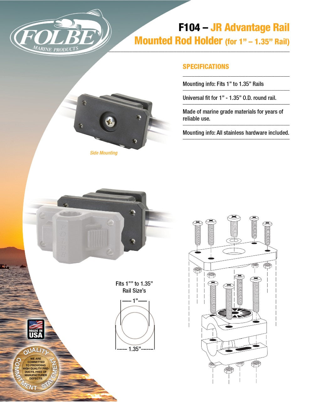 F104 - JR Advantage Rail Mounted Rod Holder (Fits 1.040"-1.35" Round Rails)