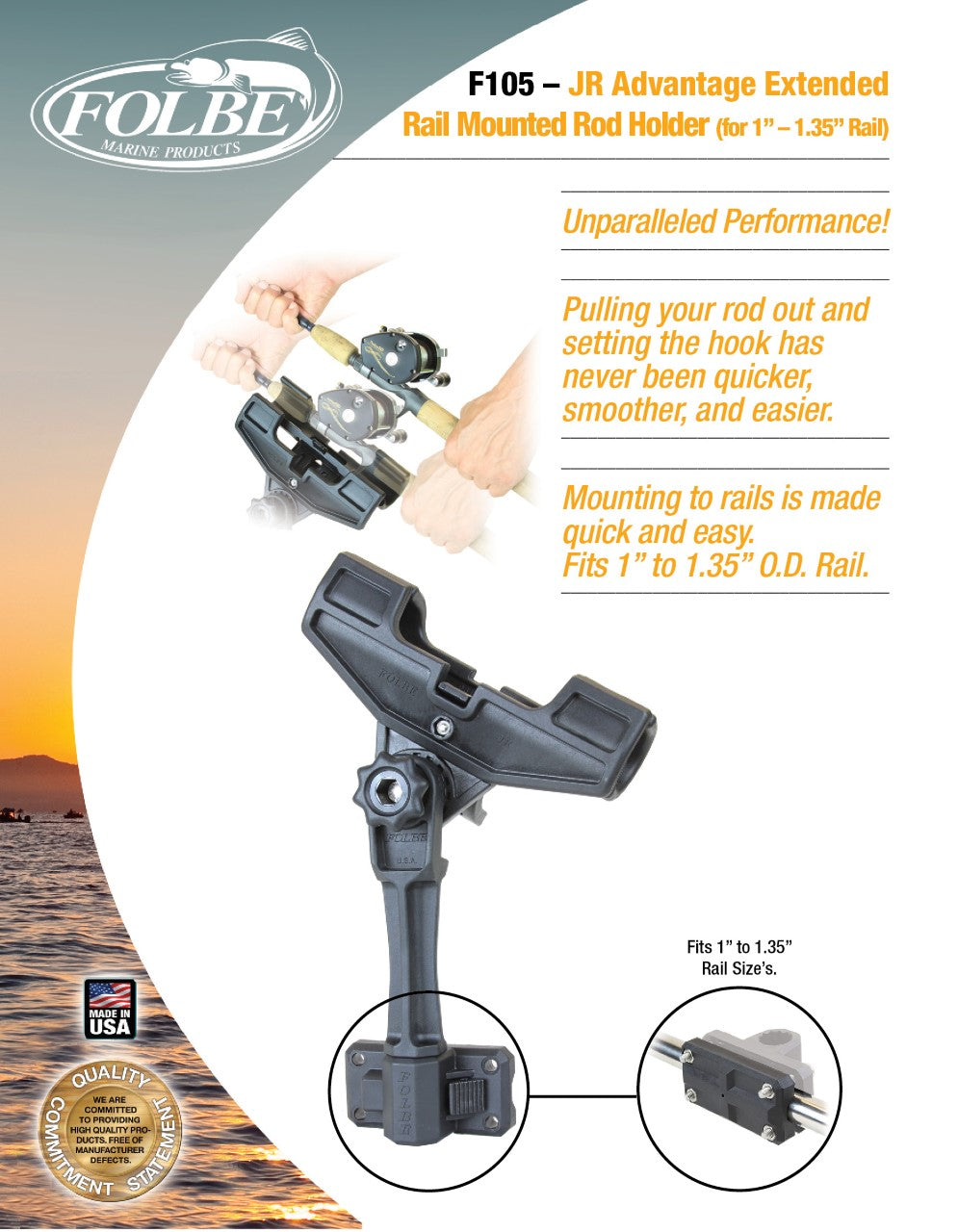 F105 - JR Advantage Extended Rail Mounted Rod Holder (Fits 1.040"-1.35" Round Rails)