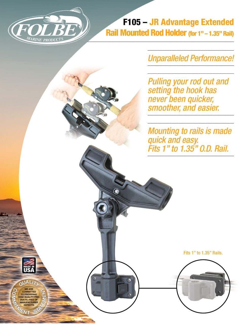 F105 - JR Advantage Extended Rail Mounted Rod Holder (Fits 1.040"-1.35" Round Rails)