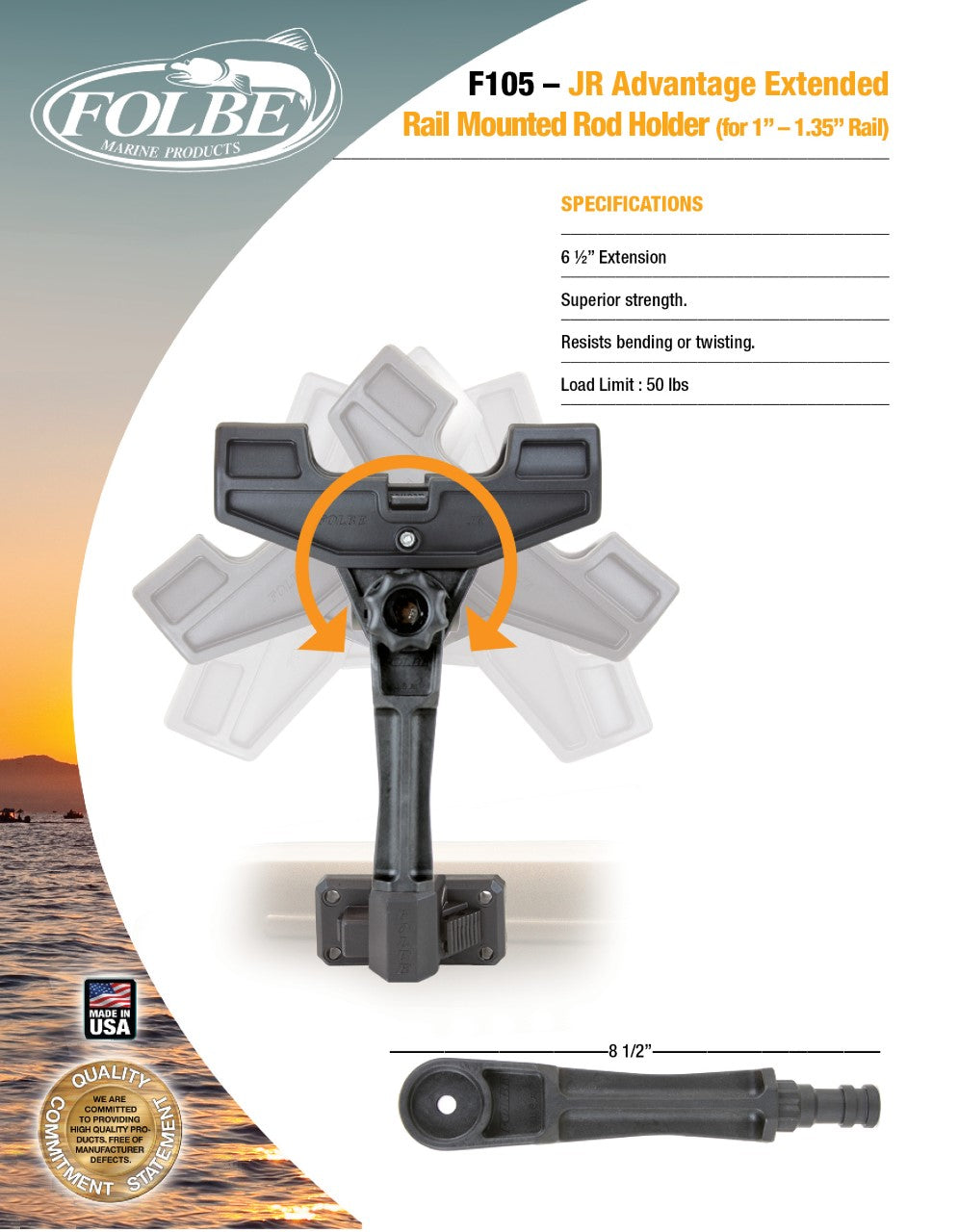 F105 - JR Advantage Extended Rail Mounted Rod Holder (Fits 1.040"-1.35" Round Rails)