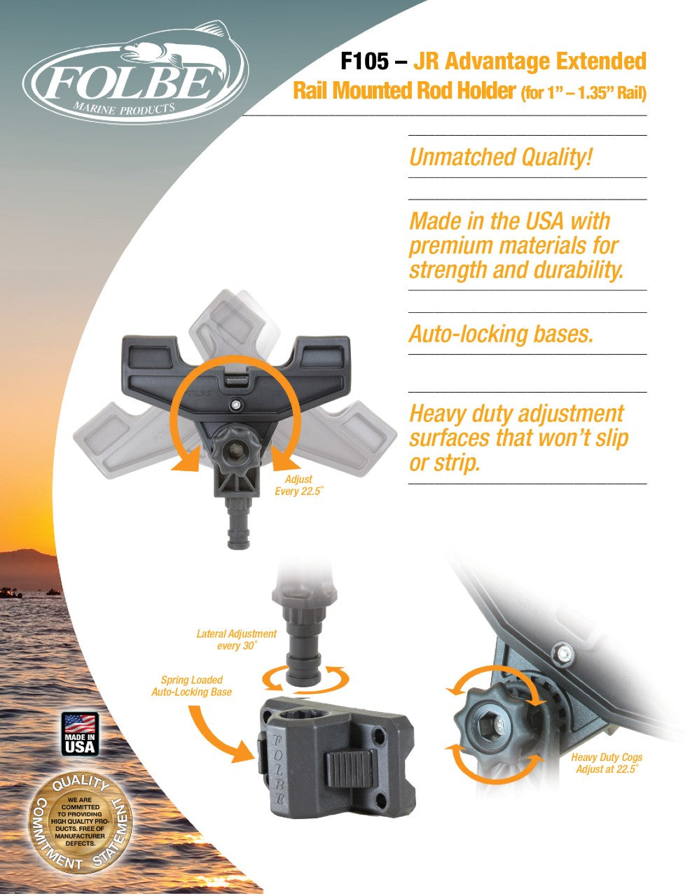 F105 - JR Advantage Extended Rail Mounted Rod Holder (Fits 1.040"-1.35" Round Rails)