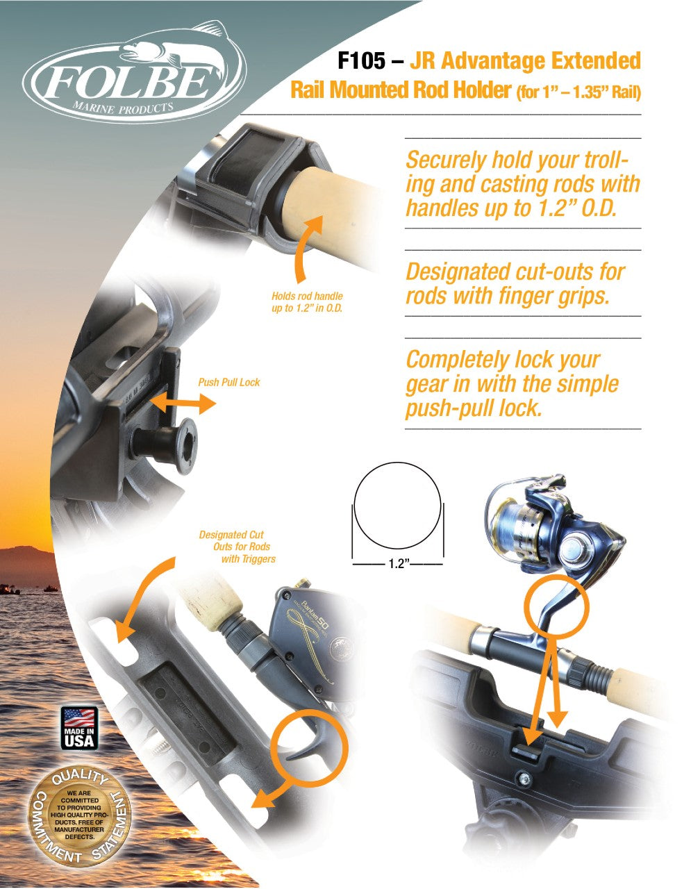 F105 - JR Advantage Extended Rail Mounted Rod Holder (Fits 1.040"-1.35" Round Rails)