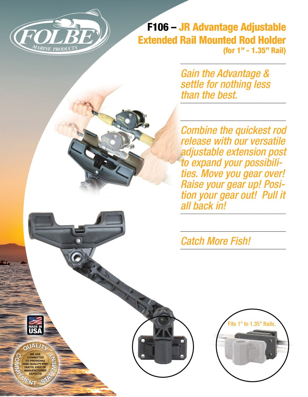 F106 - JR Advantage Adjustable Extended Rail Mounted Rod Holder (Fits 1.040"-1.35" Round Rails)