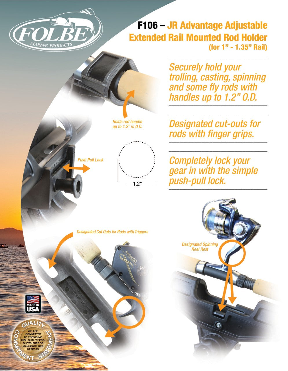 F106 - JR Advantage Adjustable Extended Rail Mounted Rod Holder (Fits 1.040"-1.35" Round Rails)