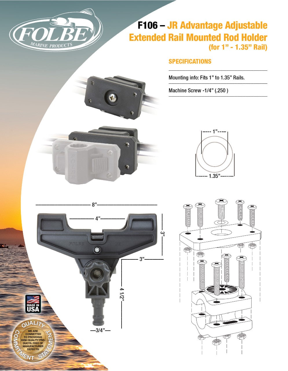 F106 - JR Advantage Adjustable Extended Rail Mounted Rod Holder (Fits 1.040"-1.35" Round Rails)